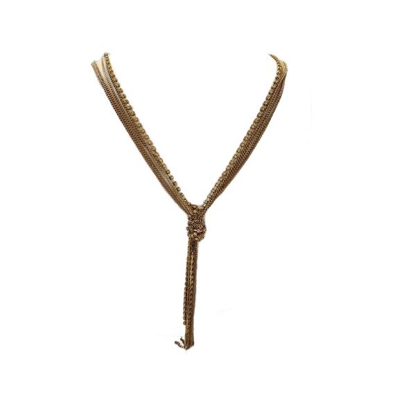 Vintage Gold Tone Rhinestone Chain Lariat Tassel Necklace: 5 Strand Multi Chain - Picture 10 of 12